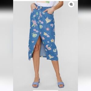 Numph Nubilly Denim Midi Skirt Light Blue Embroidered Size 36 NWT
